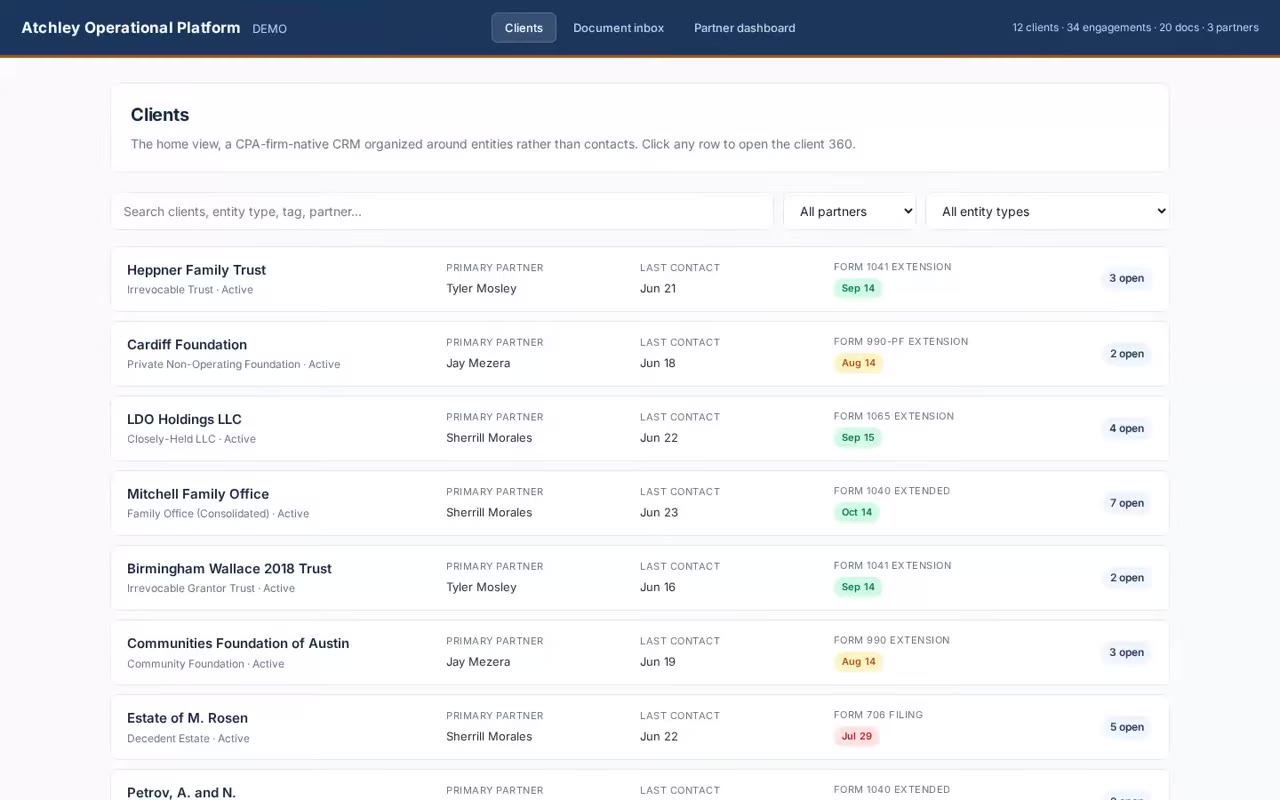 Atchley CRM demo showing the document inbox and client timeline