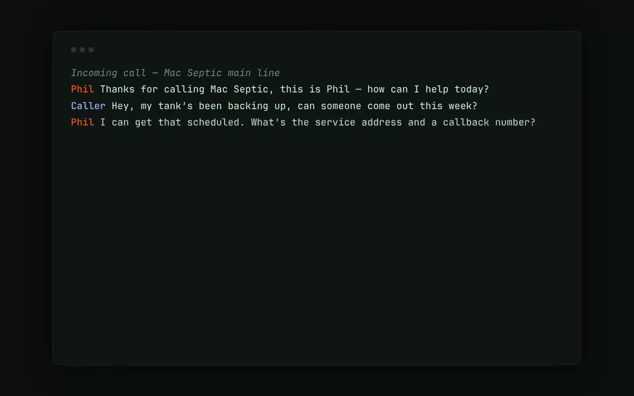 Terminal-style transcript of a call handled by Phil, the AI phone receptionist