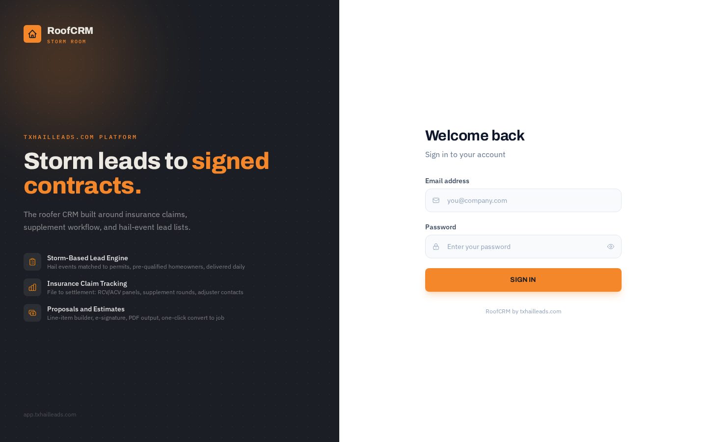 RoofCRM login screen