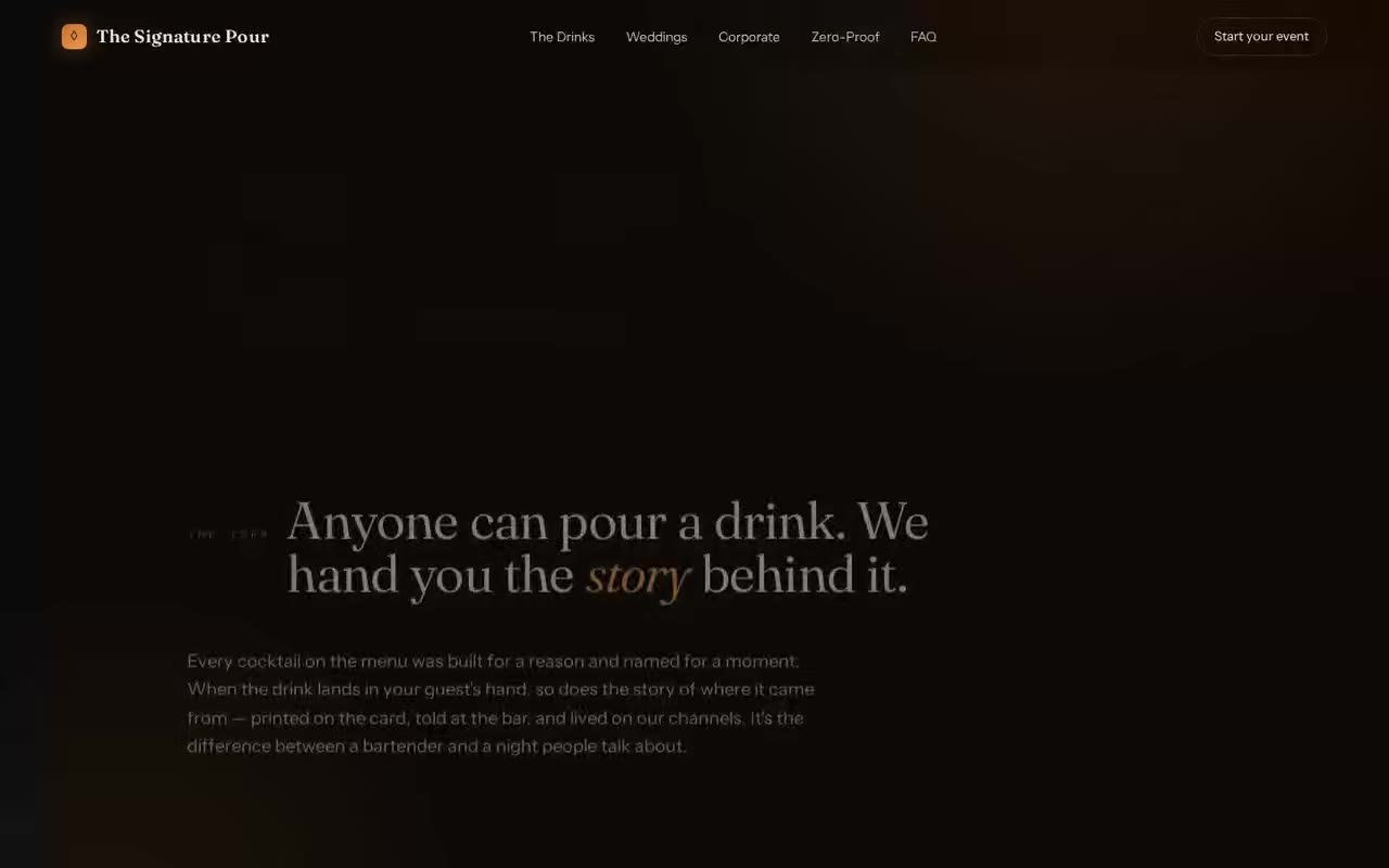 The Signature Pour marketing site, scrolling from hero to booking